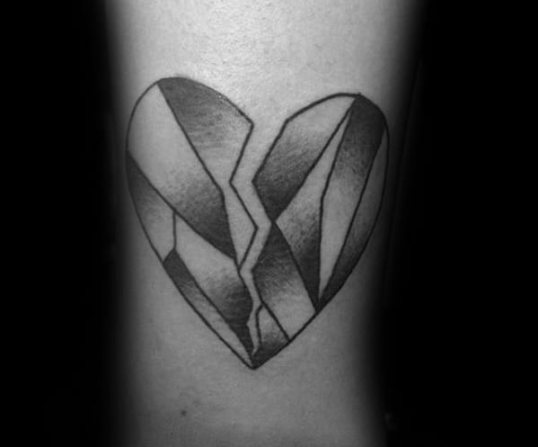 Geometric Shaded Black And Grey Small Mens Broken Heart Tattoo Designs On Forearm