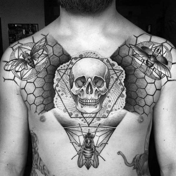 Geometric Skull With Fly Mens Tattoo Designs On Chest