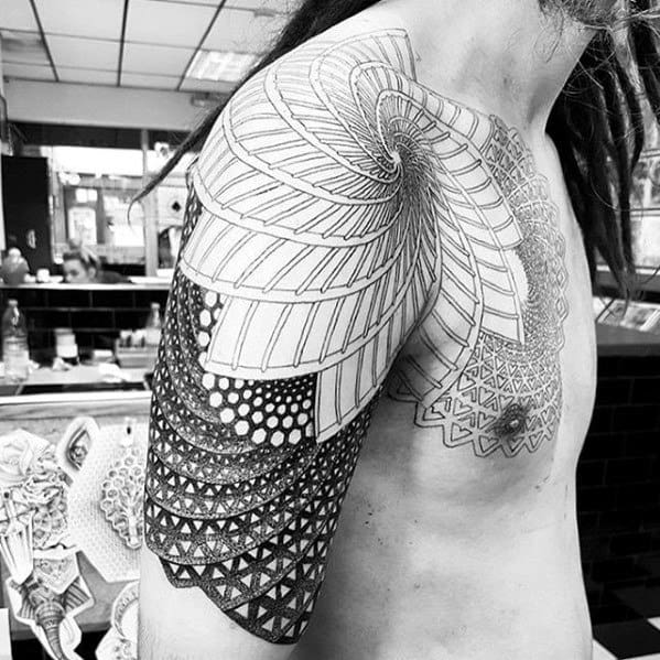 Geometric Spiral Half Sleeve Mens Tattoo Ideas