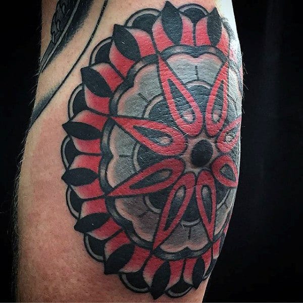 Geometric Star Tattoo On Elbow For Men In Red Ink