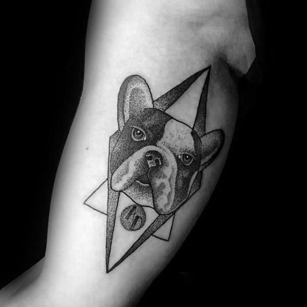 Geometric Triangles Bulldog Male Inner Arm Bicep Tattoos