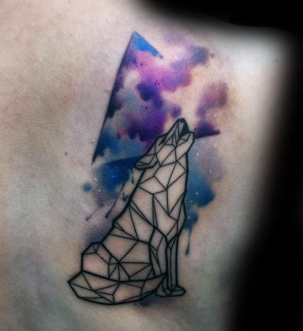 Geometric Wolf Howling At The Moon With Watercolor Sky Mens Tattoo On Back Of Shoulder