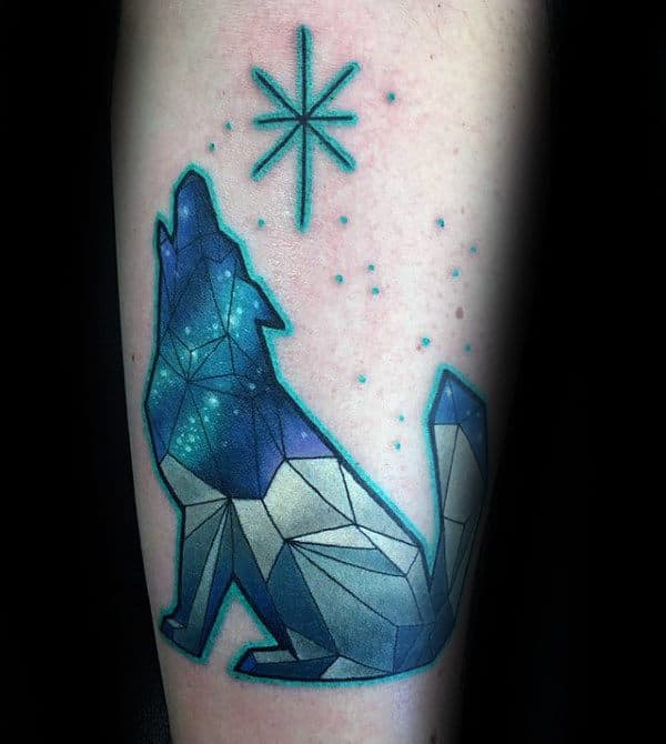 Geometric Wolf Outer Space Mens Forearm Tattoo