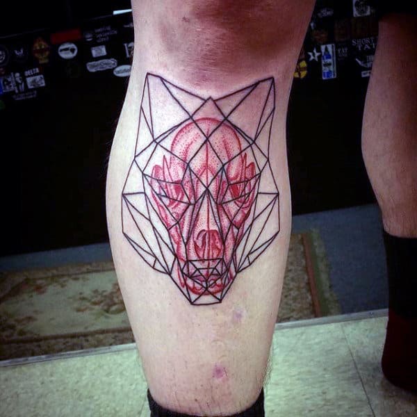 Geometric Wolf Skull Mens Shin Tattoos