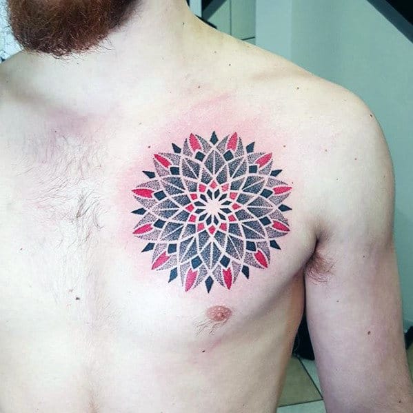 Geometrical Mens Dotwork Star Pattern Small Red And Black Ink Chest Tattoos