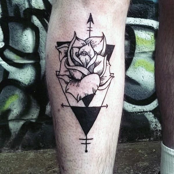 Geometrical Rose Flower Mens Shin Tattoo Ideas