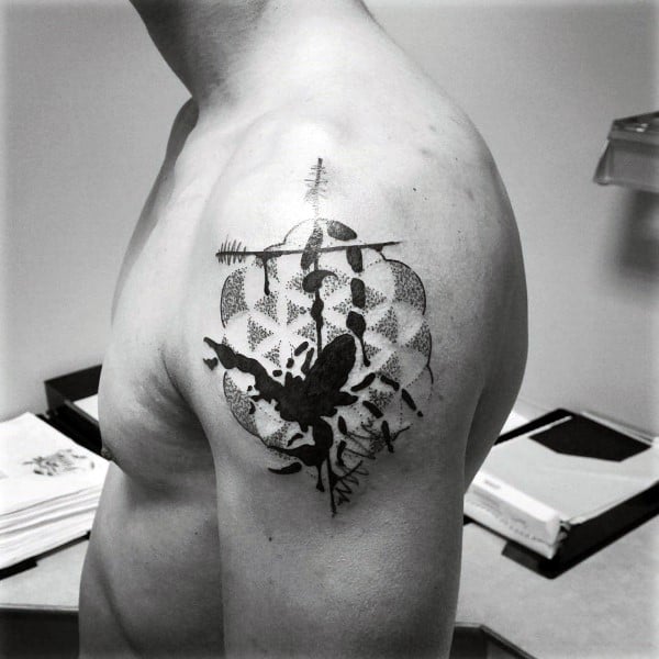 Geometrical Scorpio Black Ink Guys Dotwork Tattoo On Upper Arm