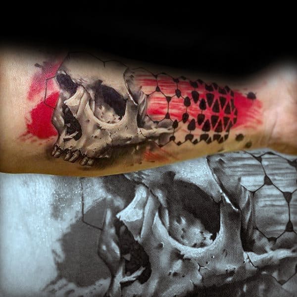 Geometrical Trash Polka Skull Mens Inner Forearm Tattoos
