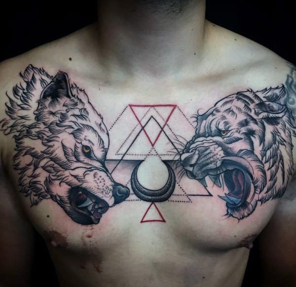 Geometrical Wolf Mens Chest Tattoos