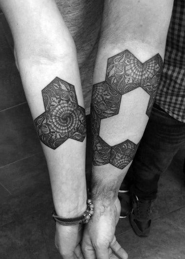 Geomtric Negative Space Couples Tattoos On Forearms