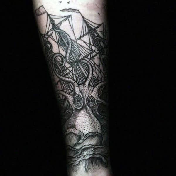 Getleman With Tattoo Of Sea Monster Kraken Black And Grey Ink Design