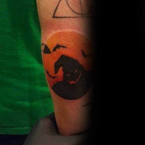 Ghostly Witch Hat Halloween Tattoo Male Forearms