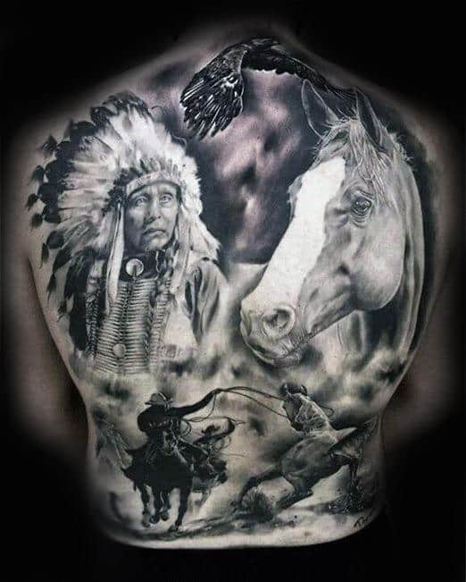 Giant Backpiece On Guy Indian Headdress Horse Detailed Shading Tattoo
