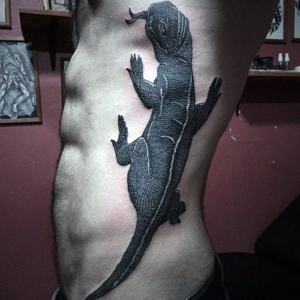 Giant Grey Lizard Tattoo On Torso For Male
