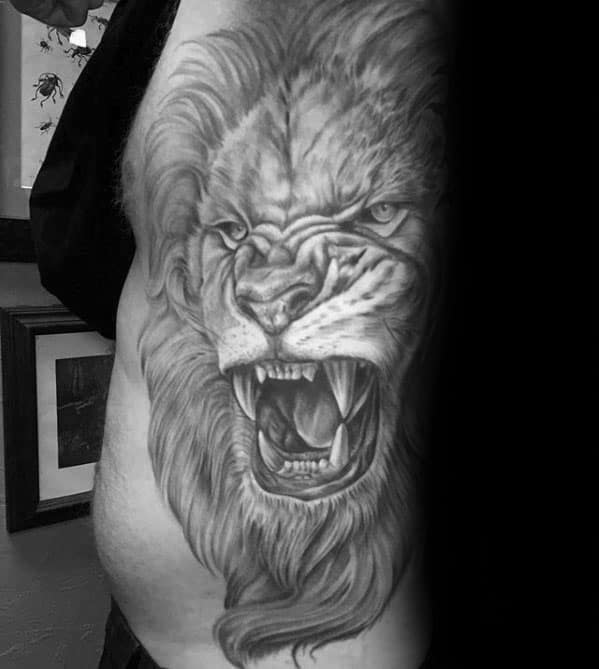 Giant Lion Roaring Guys Realistic Rib Cage Side Tattoos