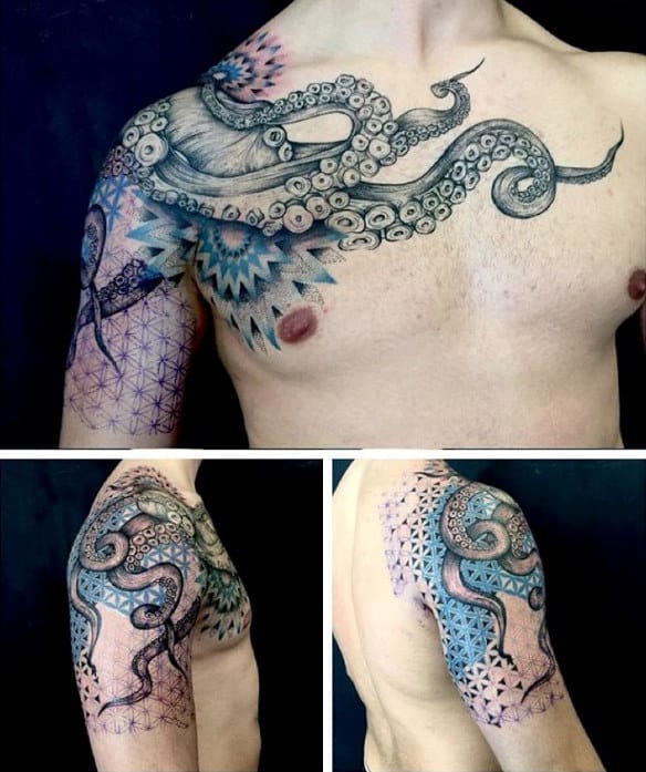 Giant Octopus Male Kraken Chest And Shoulder Tattoos