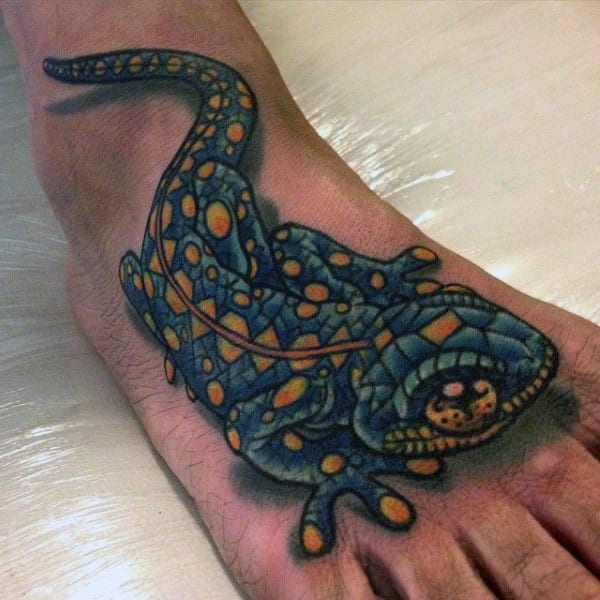 Gigantic Lizard Tattoo On Foot For Men