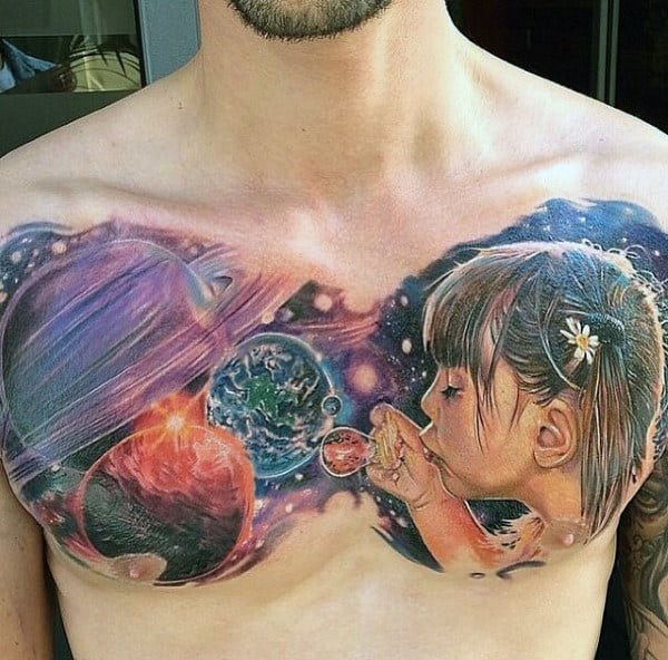 Girl Blowing Planets Into The Universe Tattoo On Chest For Men