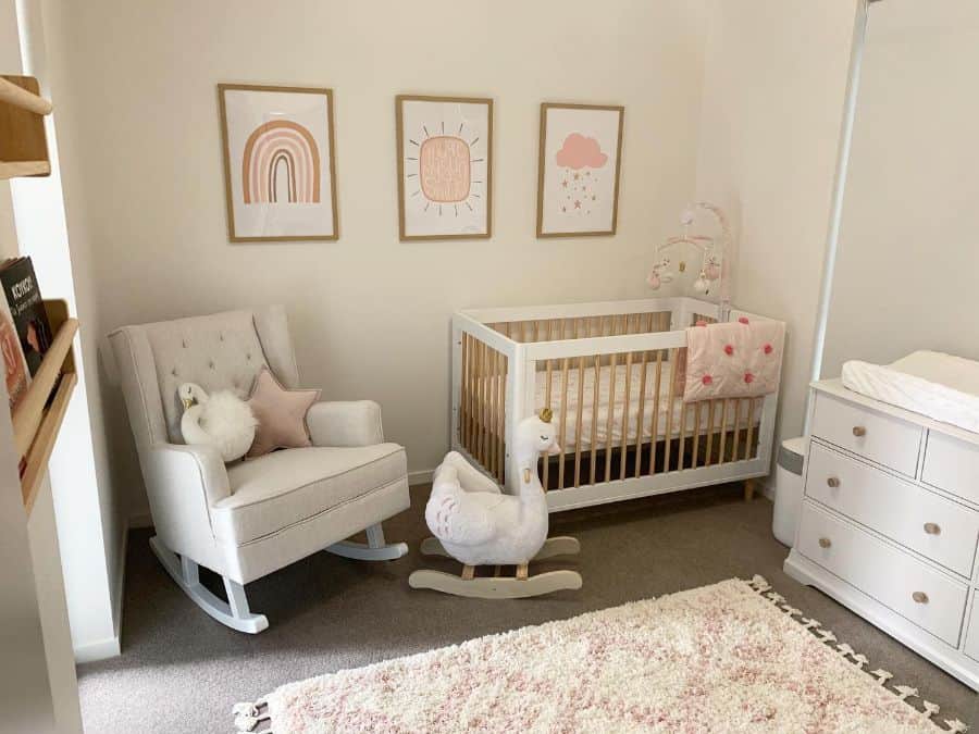 nursery white crib and cabinet rocking duck