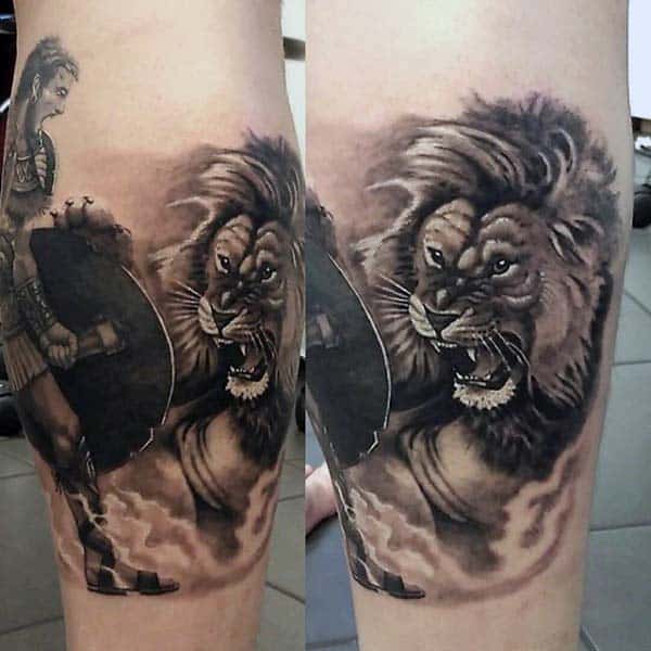 Gladiator Fighting Lion Mens Nice Leg Tattoos