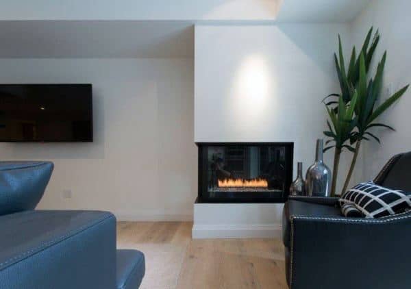 Glass Living Room Corner Fireplace Design