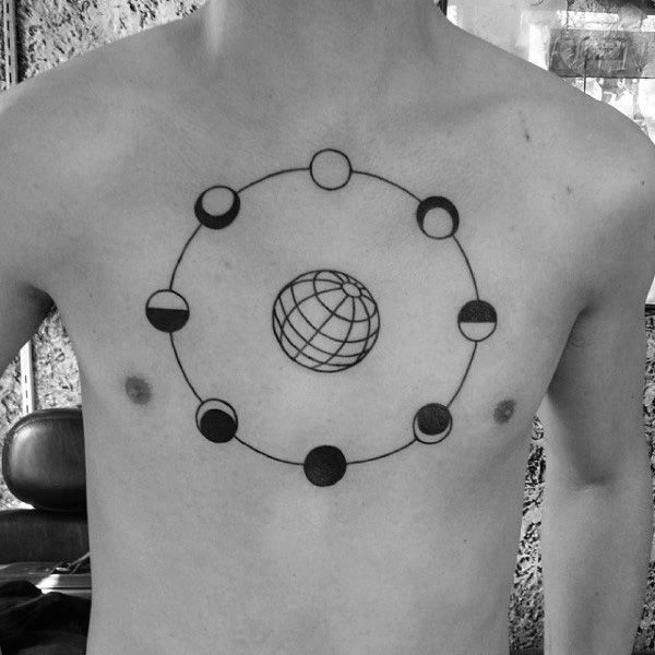 Globe Circles Moon Phases Guys Black Ink Chest Tattoos