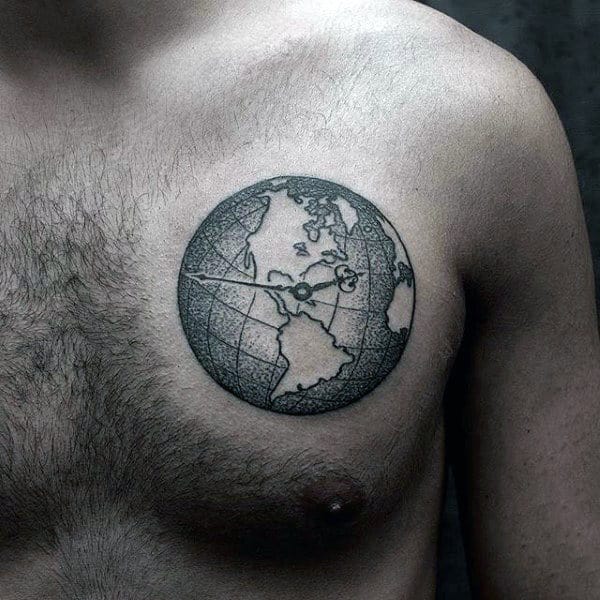 Globe Clock Mens Dotwork Chest Tattoos