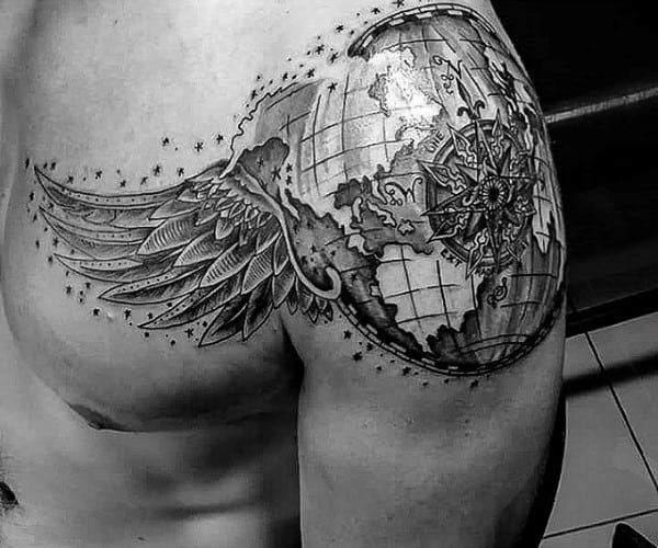 Globe With Angel Wings Mens Shoulder And Chest Tattoo Designs