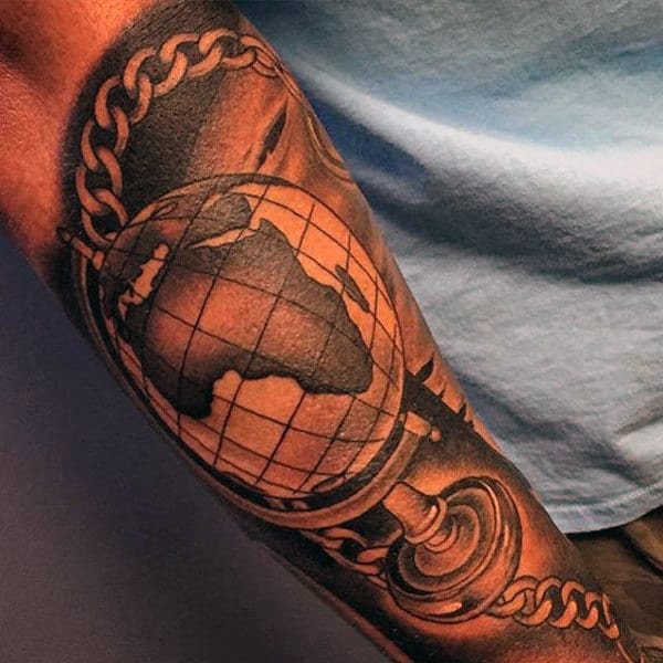 Globe With Chain Mens Forearm Sleeve Tattoos