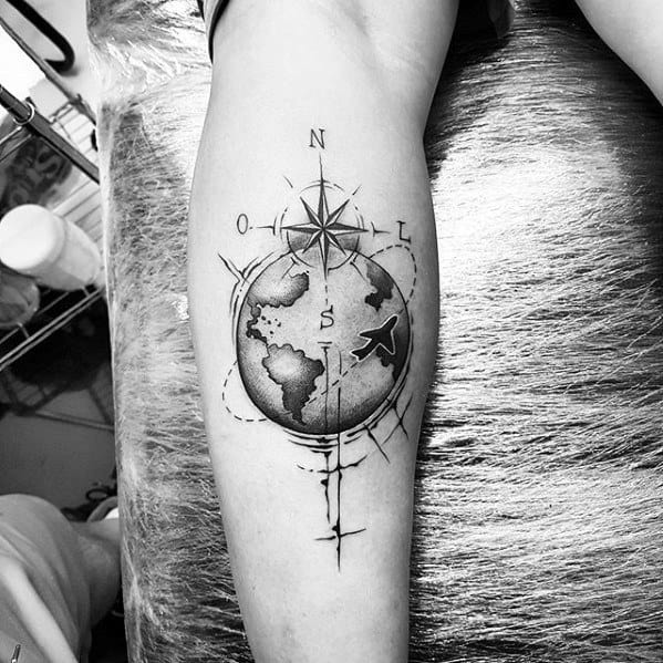 Globe With Compass Wanderlust Mens Leg Tattoo