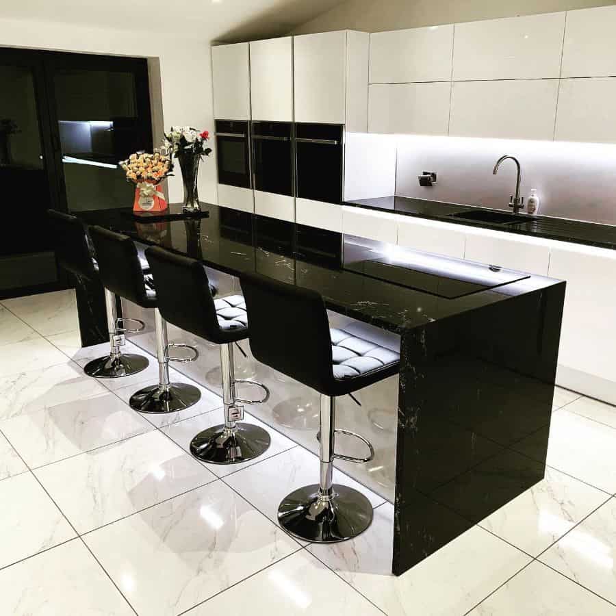 black and white kitchen large white and gray gloss floor tiles 