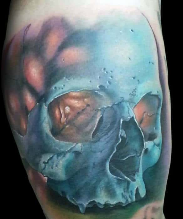 Glowing Blue Skull Realistic Mens Arm Tattoo