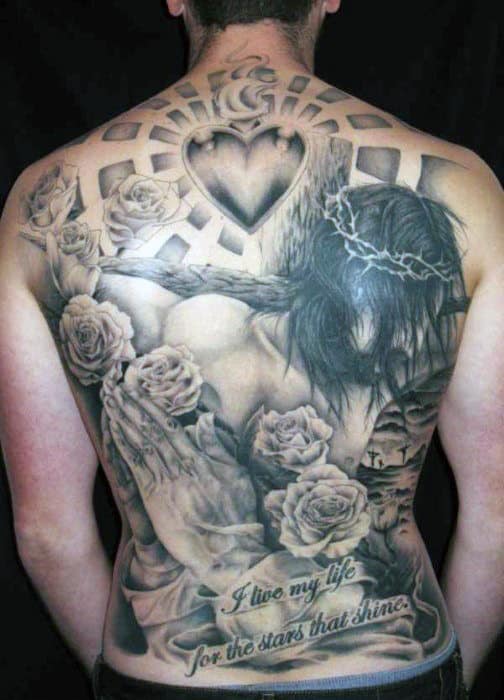 Glowing Heart With Jesus Mens Full Back Tattoo