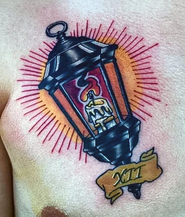 Glowing Lantern With Candle Mens Traditional Chest Tattoo