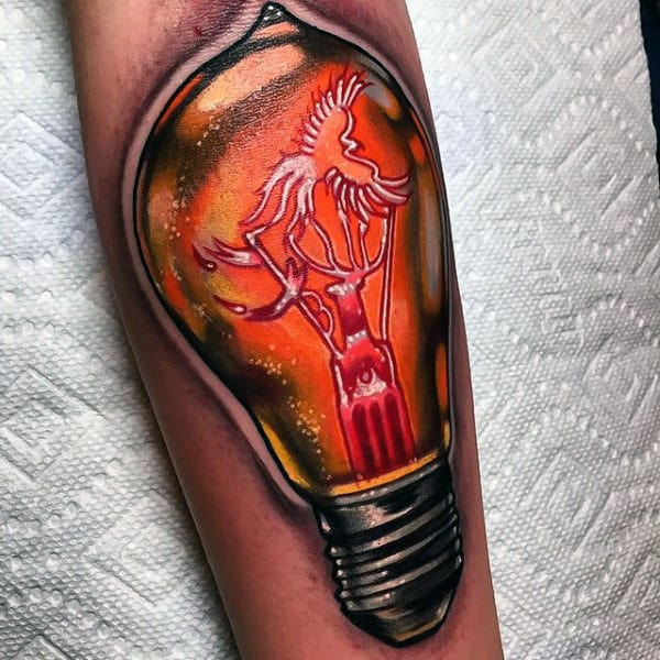 Glowing Light Bulb Red Ink Guys Arm Tattoos