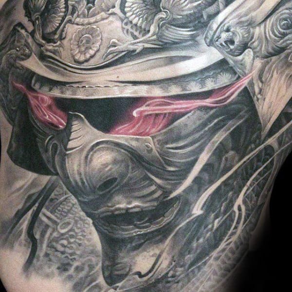 Glowing Red Eyes Male Samurai Helmet Back Tattoo Designs