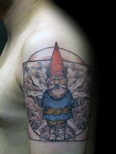 garden gnome inner bicep by James Rowe TattooNOW