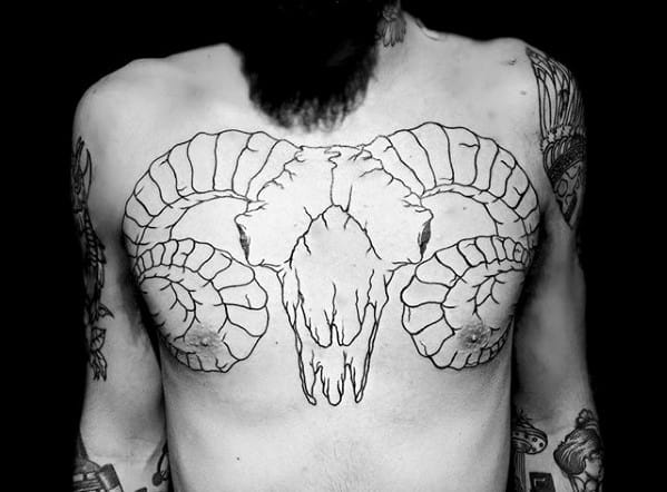 Goat Skull Mens Black Ink Outline Tattoo Ideas On Upper Chest