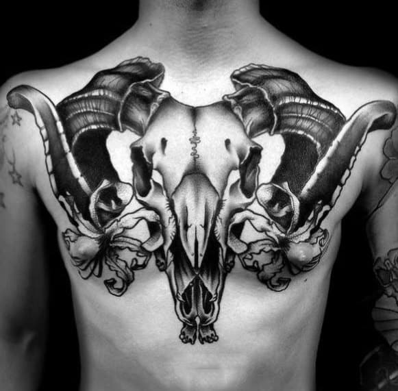 Goat Skull Shaded Black And Grey Ink Male Upper Chest Tattoo