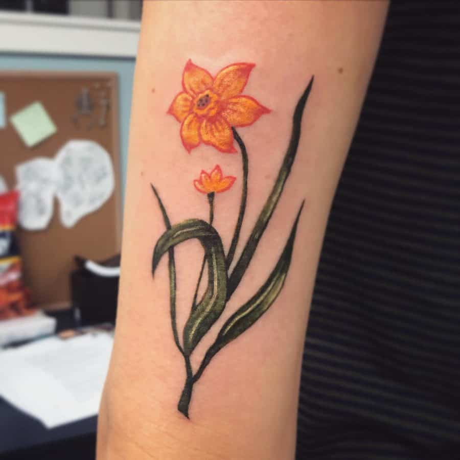 Gold And Orange Lined Daffodil Green Plant Color Tattoo