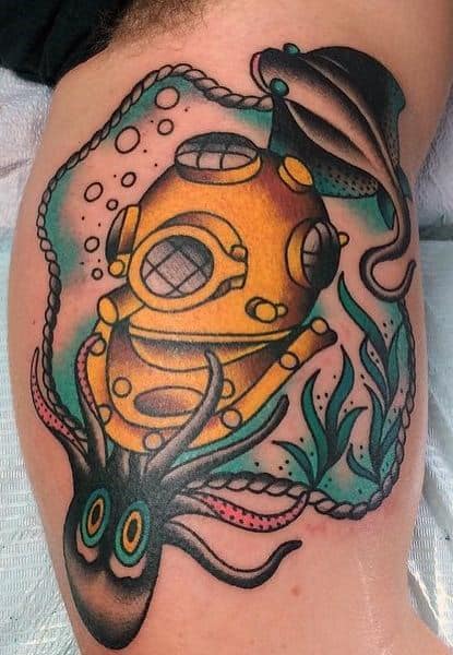 Gold Diver Helmet Mens Traditional Octopus Bicep Inner Arm Tattoos
