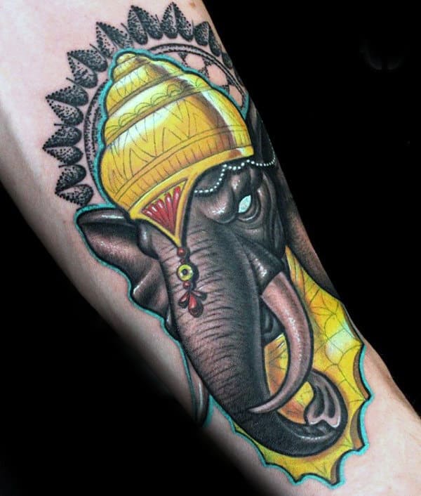 Gold Elephant Ganesh Guys Forearm Tattoos