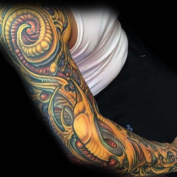 Gold Extreme Mens Ornate Full Arm Sleeve Tattoos