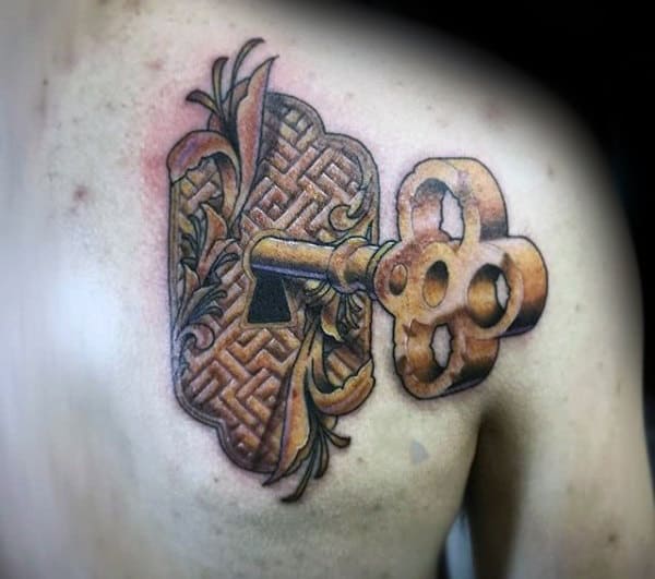 Gold Lock With Key Male Tattoo On Back