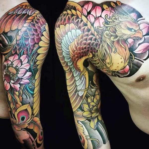 gold-phoenix-mens-japanese-half-sleeve-and-chest-tattoo