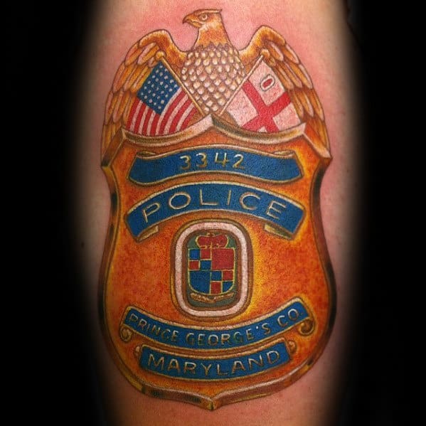 Gold Police Badge Mens Arm Tattoo Ideas