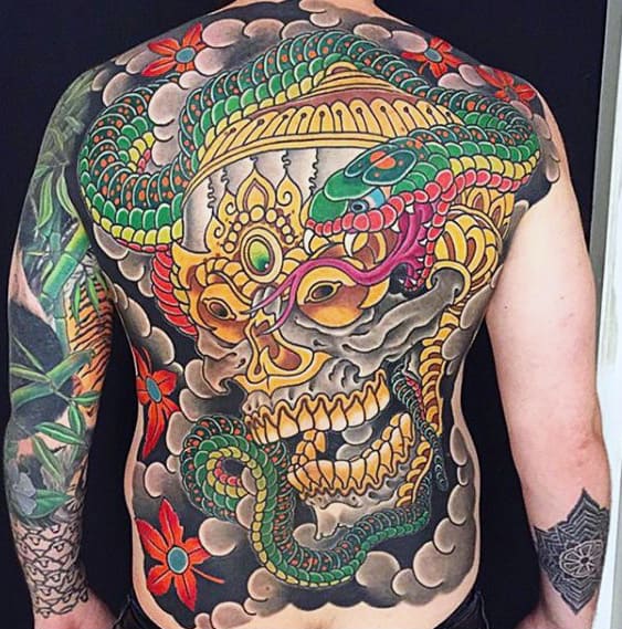 Gold Skull With Snake Guys Japanese Back Tattoo
