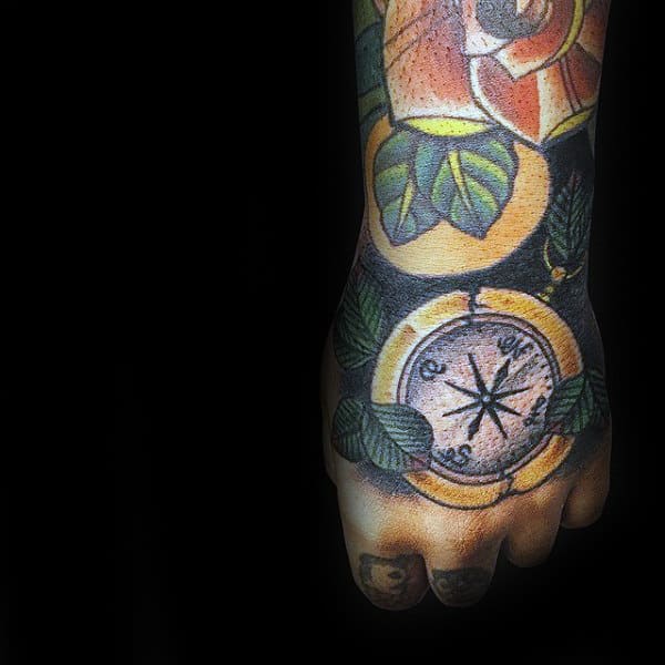 Gold Traditional Compass Mens Hand Tattoos