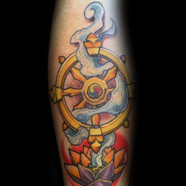Golden Dharma Wheel Mens Arm Tattoos