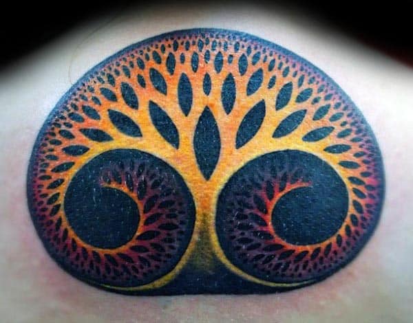 Golden Tree Of Life Spiral Mens Upper Back Tattoo Designs